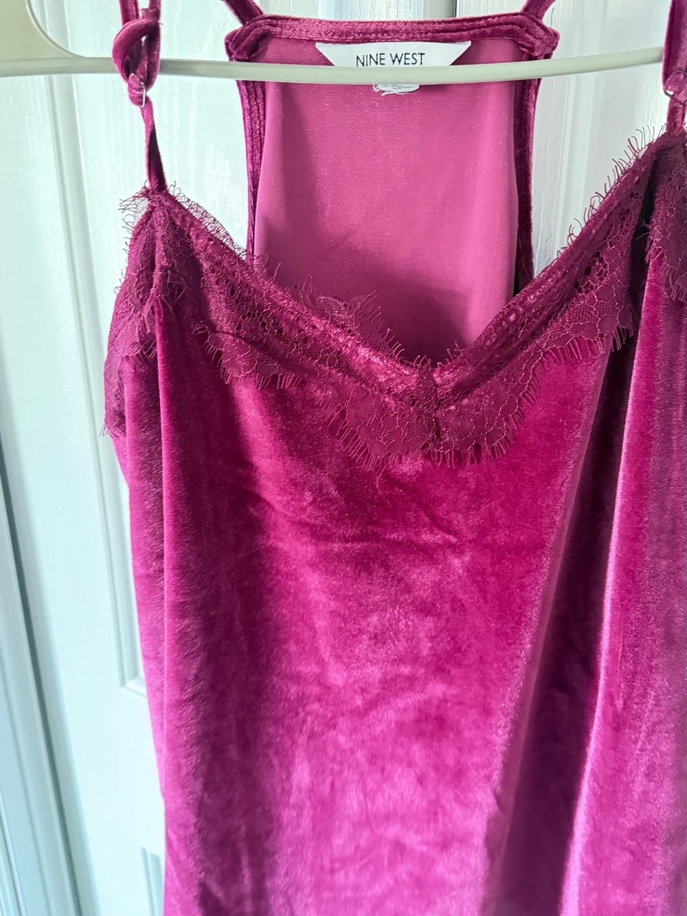 Nine West Magenta Velvet Lace-Trim Slip Dress